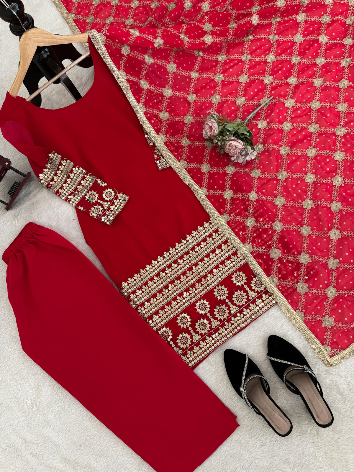 Faux Georgette Kurta Palazzo Set with Printed Dupatta