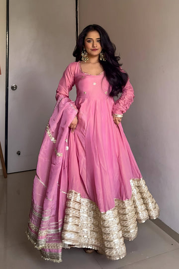 Pink Vichitra Embroidered Anarkali Suit Set