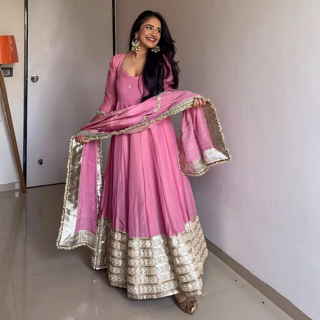 Pink Vichitra Embroidered Anarkali Suit Set