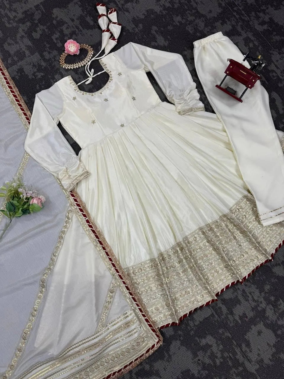 Chinon Embroidered Anarkali Suit Set with Dupatta