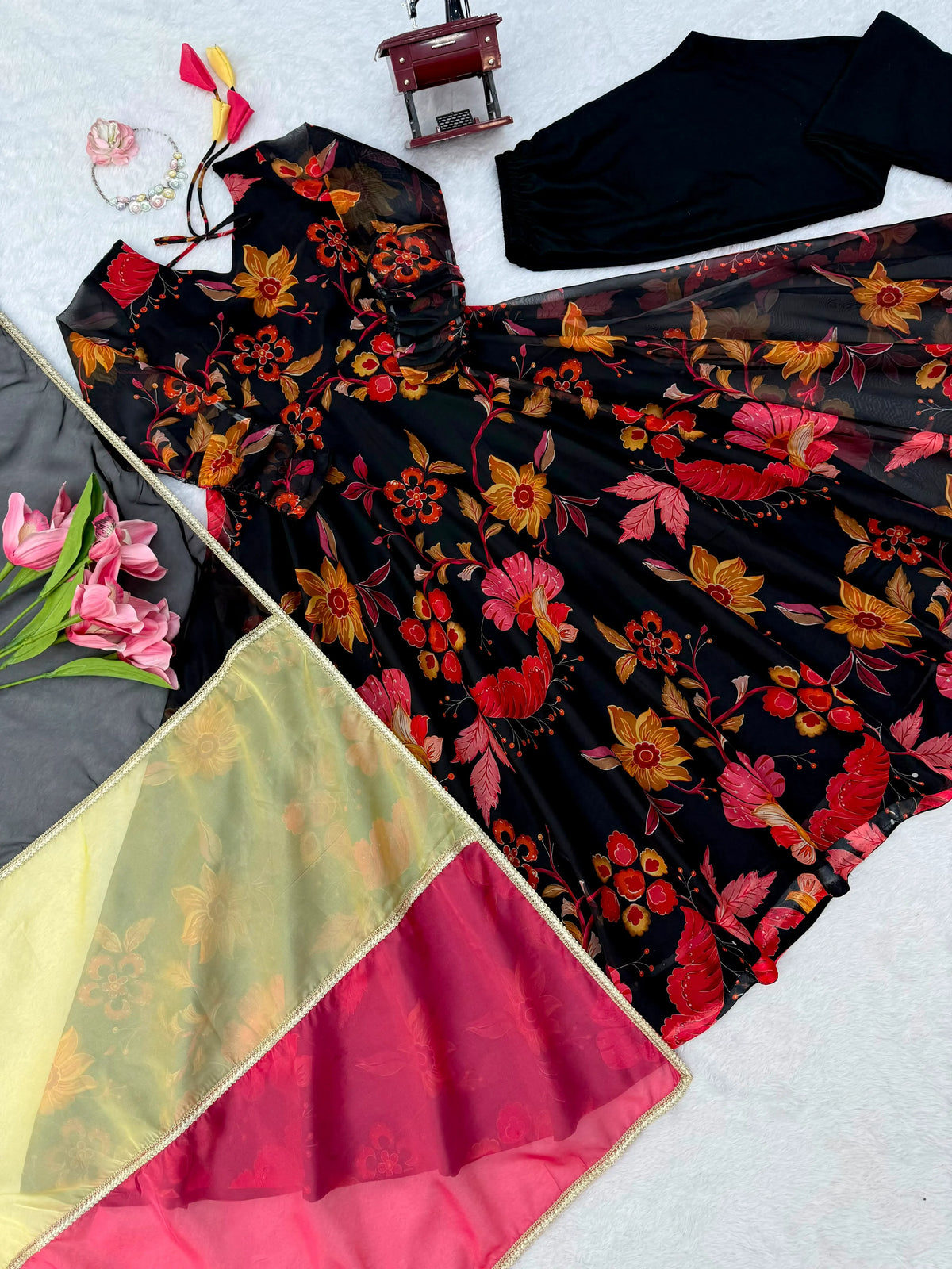 Floral Organza Anarkali Set with Dupatta