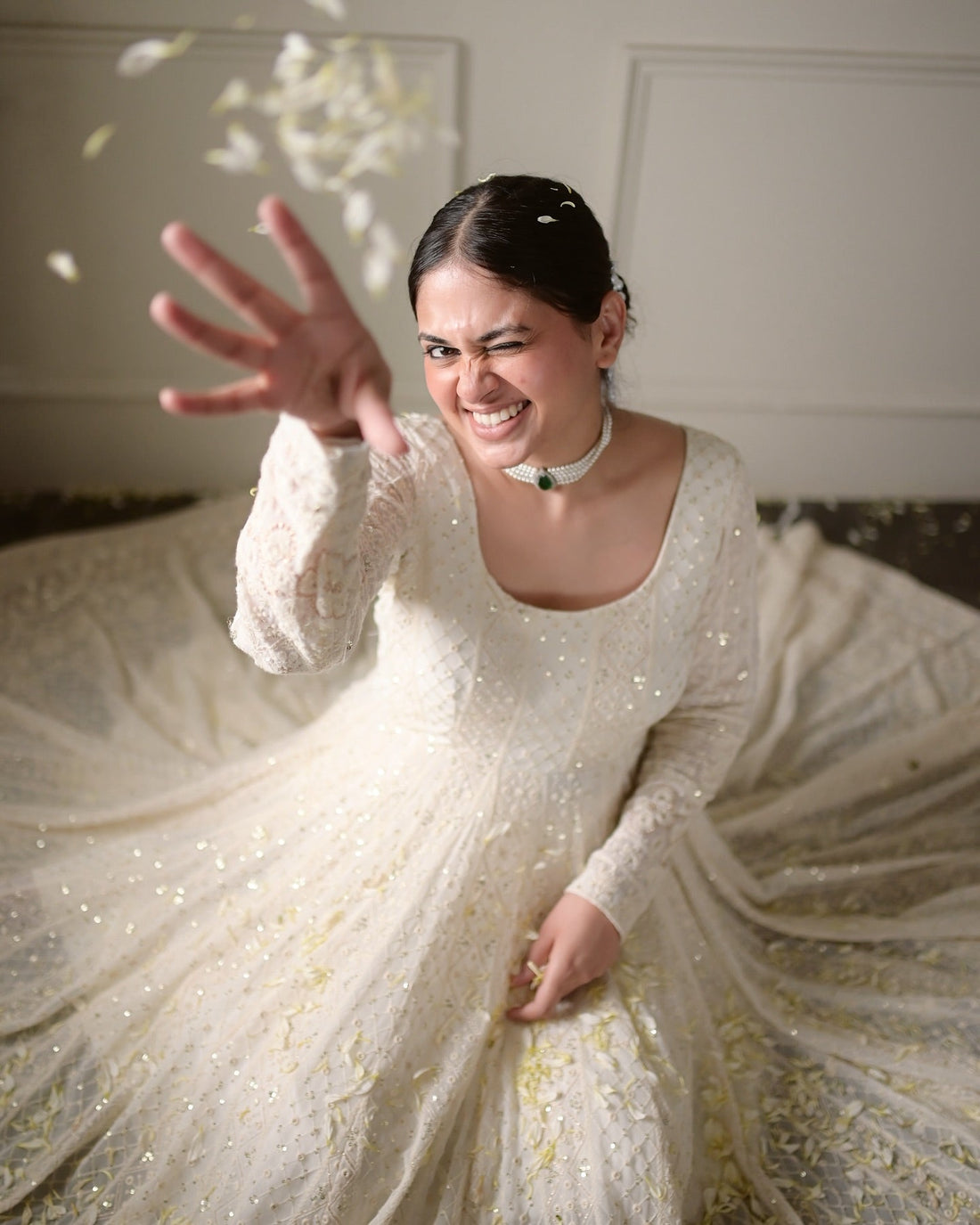 White Faux Blooming Anarkali Gown with Dupatta