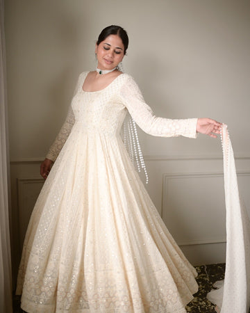 White Faux Blooming Anarkali Gown with Dupatta