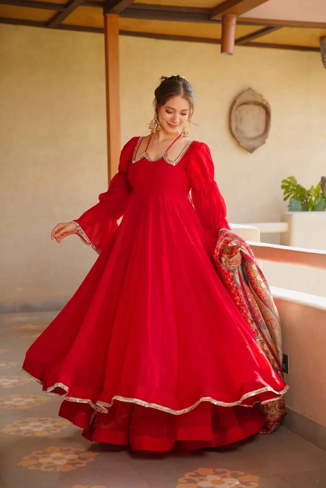 Red Tabby Silk Anarkali Palazzo Set with Printed Dupatta