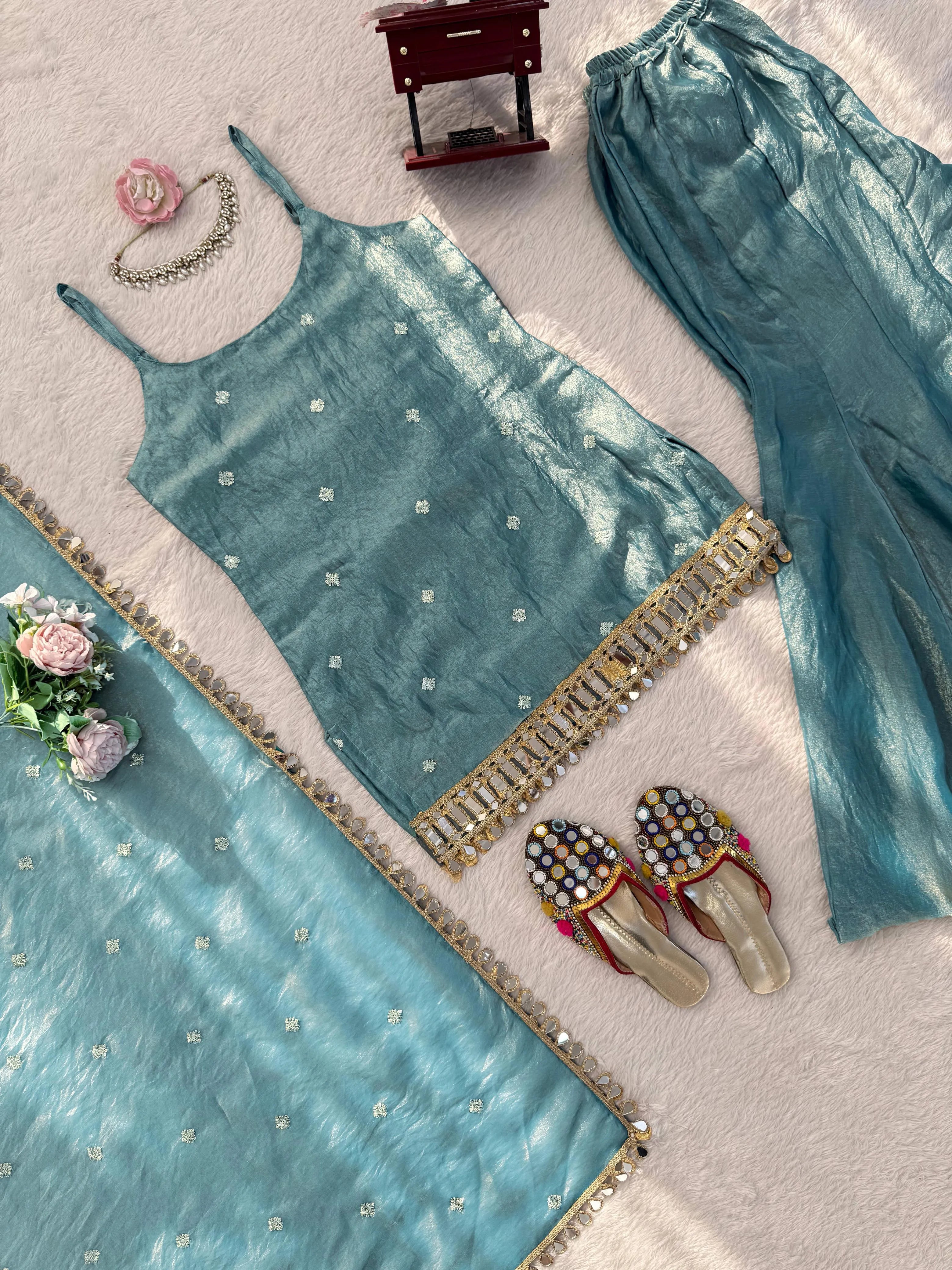 Fendy Silk Palazzo Set with Mirror Dupatta