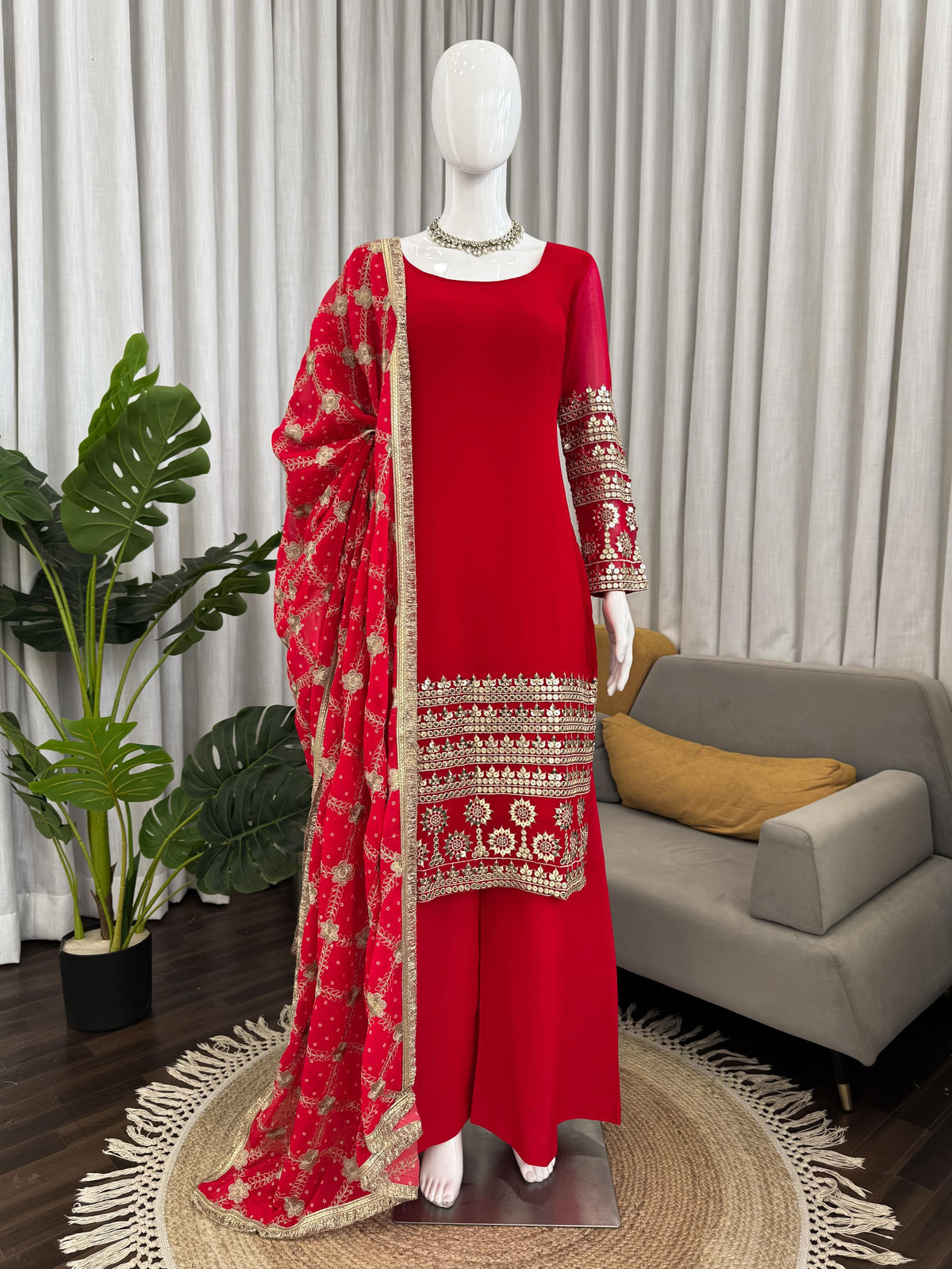 Faux Georgette Kurta Palazzo Set with Printed Dupatta
