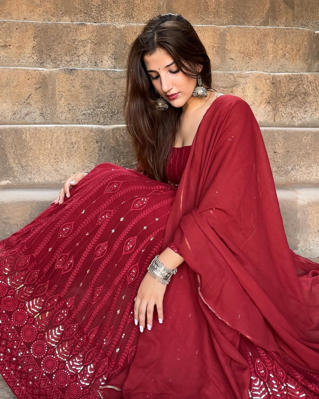 Maroon Red Embroidered Georgette Anarkali Suit Set