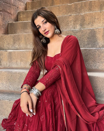 Maroon Red Embroidered Georgette Anarkali Suit Set