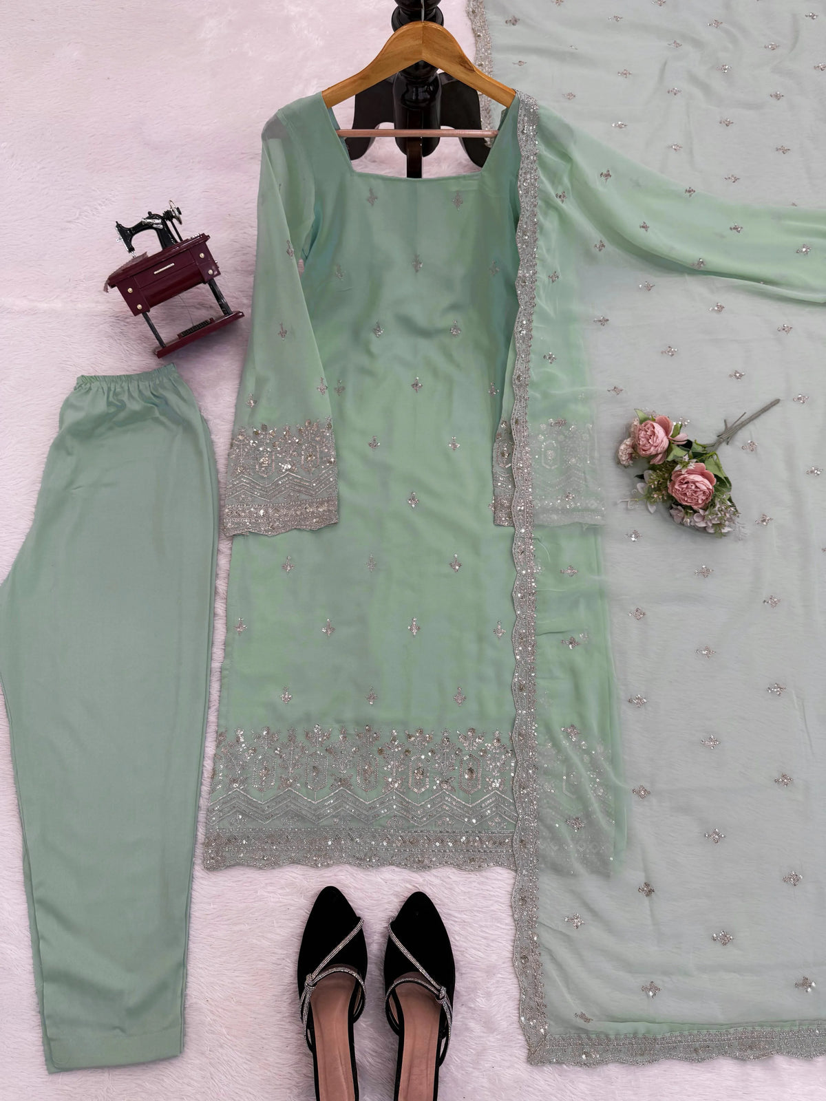 Mint Green Georgette Embroidered Kurta Pant Set