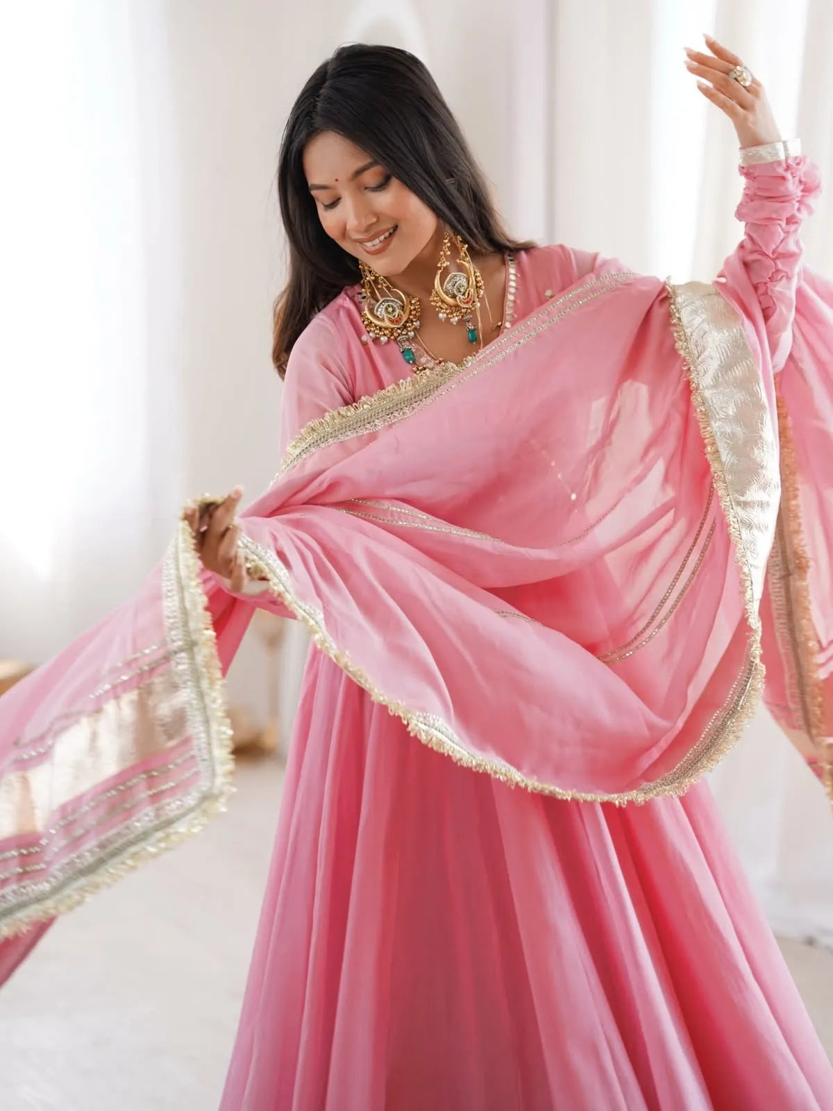 Pink Organza Silk Anarkali Set with Dupatta