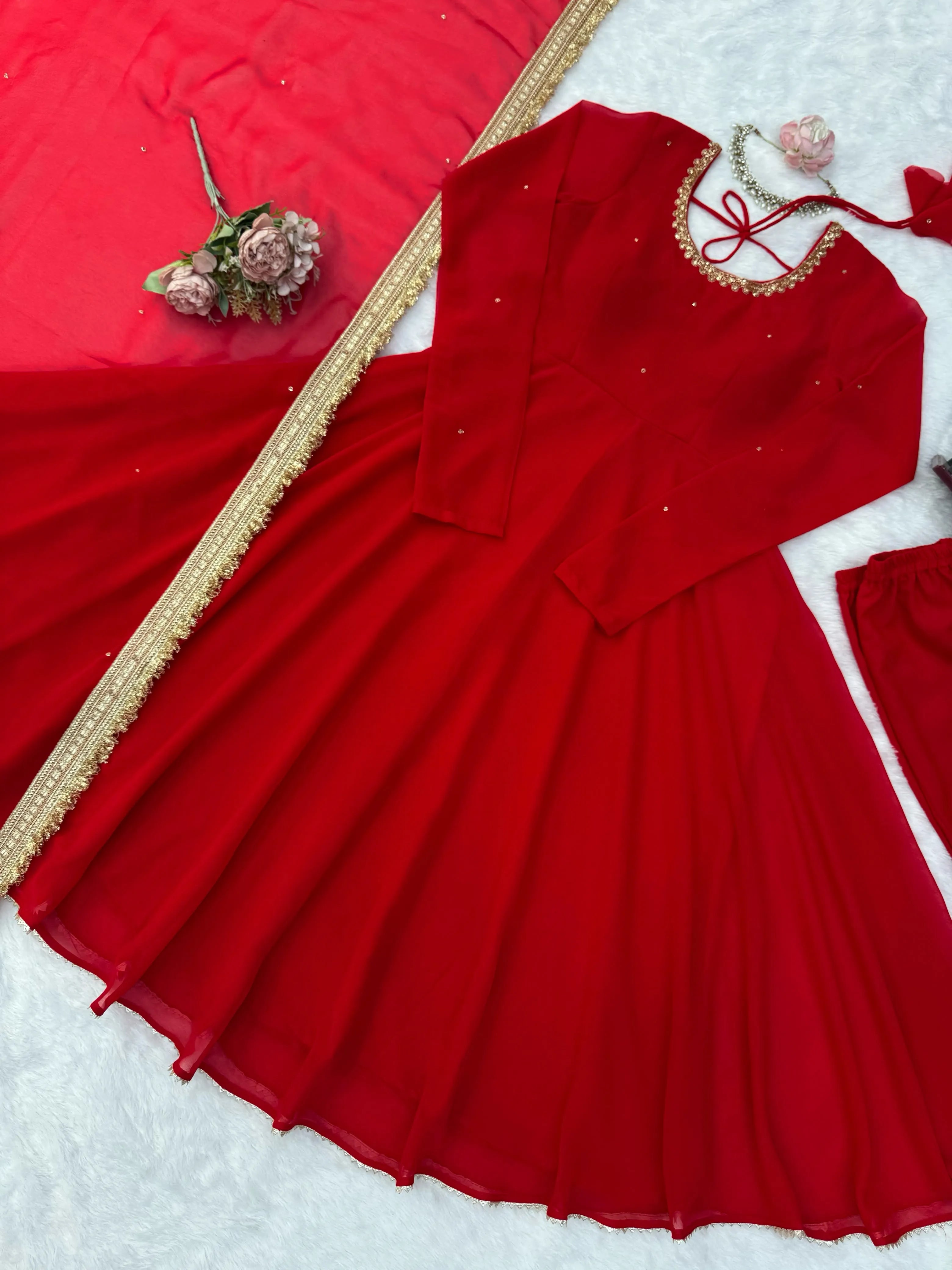 Faux Georgette Anarkali Pant Set with Dupatta