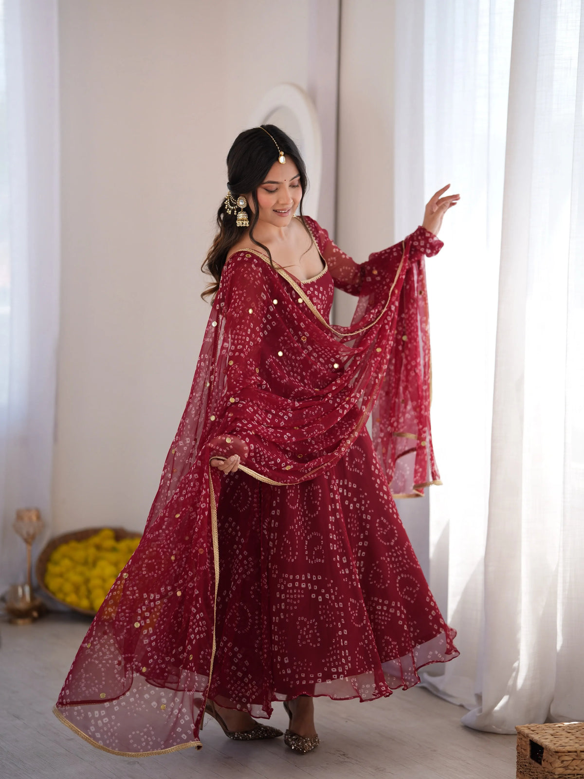 wine mirror work dupatta set
