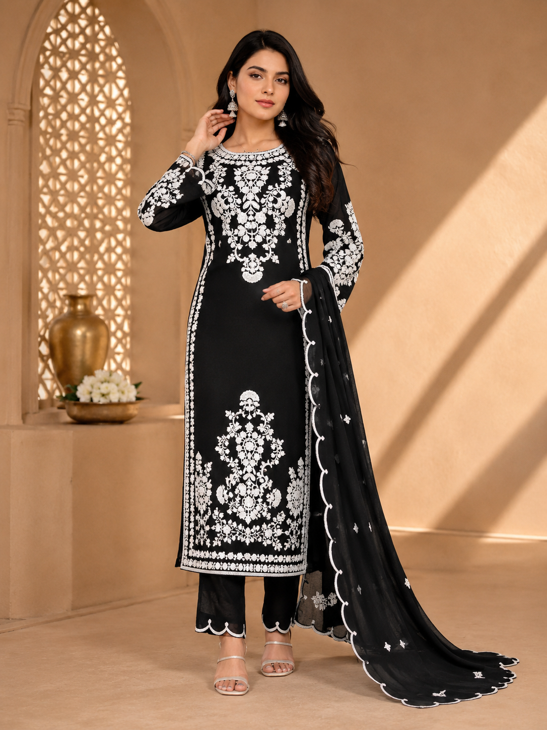 Black Embroidered Ethnic Suit Set With White Thread Work