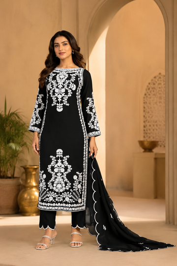 Black Embroidered Ethnic Suit Set With White Thread Work