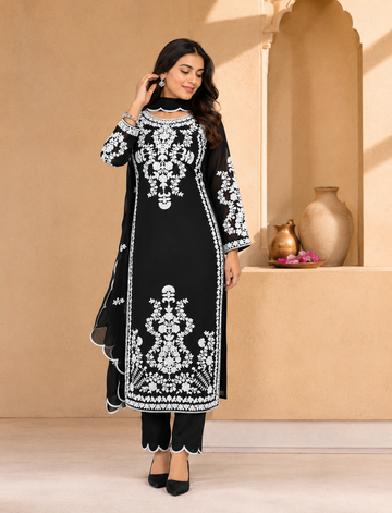 Black Embroidered Ethnic Suit Set With White Thread Work