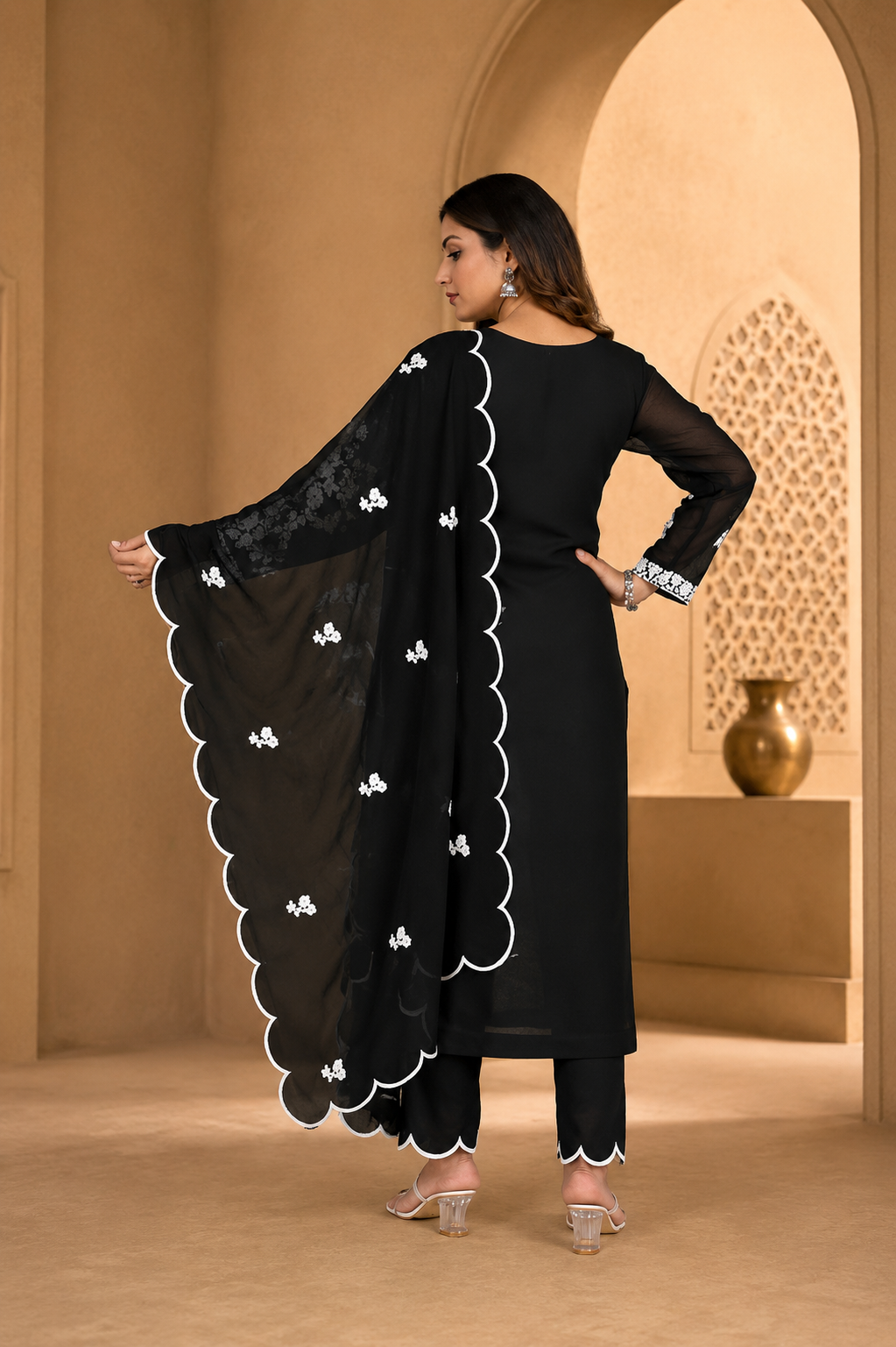 Black Embroidered Ethnic Suit Set With White Thread Work