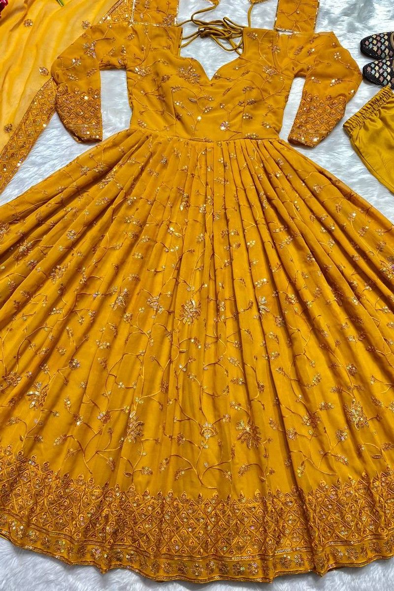 Yellow Embroidery Work Long Anarkali Gown